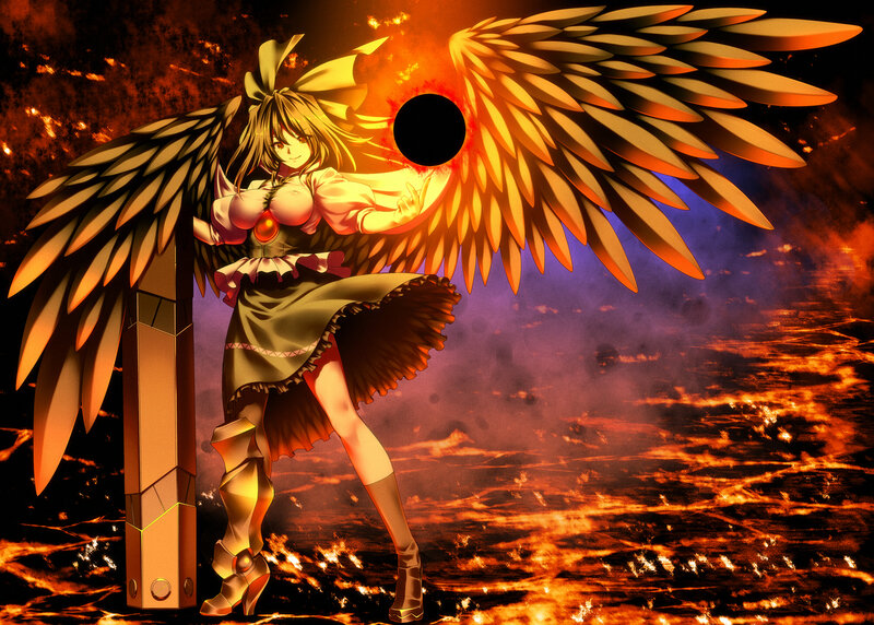 Anime Girl with Wings — Orange, Dramatic, Digital Art