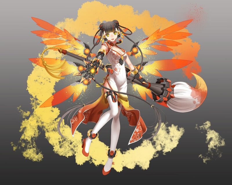 Anime Girl with Wings — Orange, Dramatic, Digital Art, Weapon