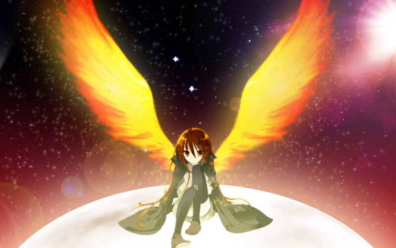 Anime Girl with Wings — Orange, Dramatic, Night, Digital Art, Stars