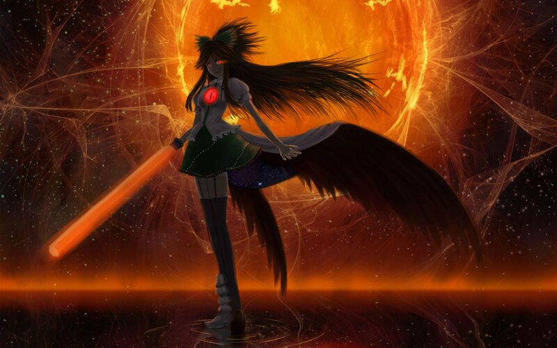 Anime Girl with Wings — Orange, Dramatic, Night, Digital Art, Sword, Stars