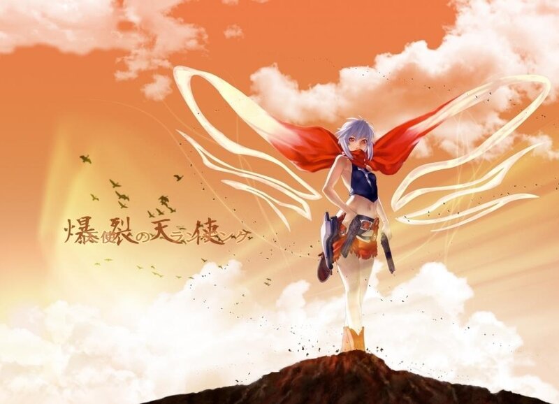 Anime Girl with Wings — Orange, Dramatic, Sunset, Digital Art, Cape