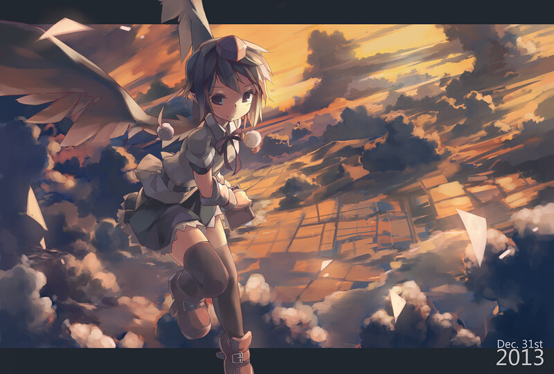 Anime Girl with Wings — Orange, Dramatic, Sunset, Digital Art, Clouds