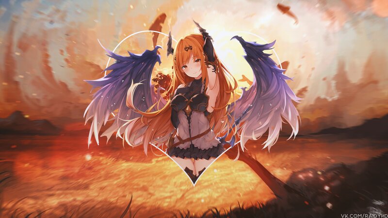 Anime Girl with Wings — Orange, Dramatic, Sunset, Digital Art, Flames