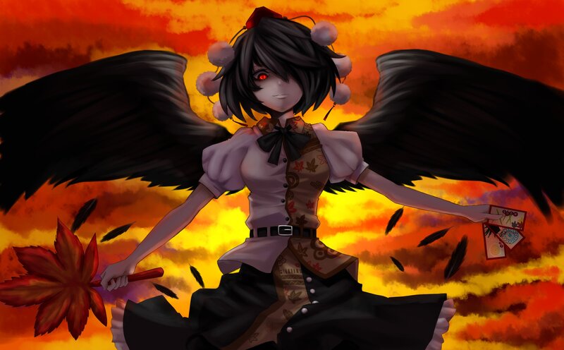 Anime Girl with Wings — Orange, Dramatic, Sunset, Digital Art, Maple Leaf