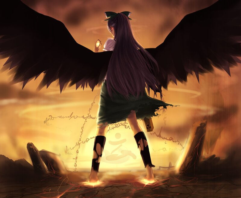 Anime Girl with Wings — Orange, Dramatic, Sunset, Digital Art, Skirt