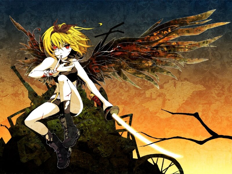 Anime Girl with Wings — Orange, Dramatic, Sunset, Digital Art