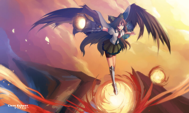 Anime Girl with Wings — Orange, Dramatic, Sunset, Digital Art, Weapon
