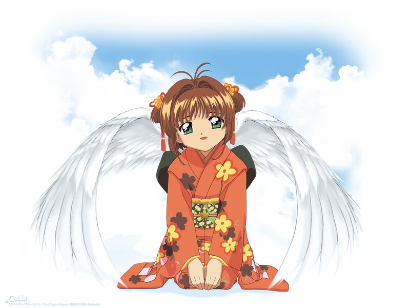 Anime Girl with Wings — Orange, Serene, Afternoon, Kimono