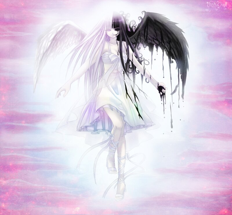 Anime Girl with Wings — Pink, Dramatic, Digital Art, Dress