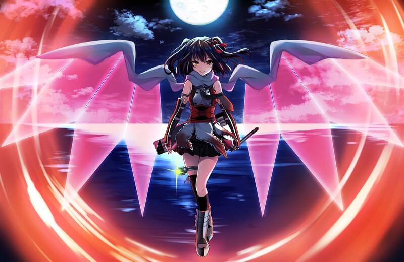 Anime Girl with Wings — Pink, Dramatic, Night, Digital Art, Moon, Swords