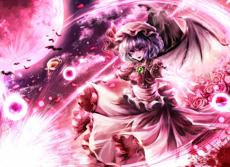 Anime Girl with Wings — Pink, Dramatic, Night, Digital Art, Roses, Moon