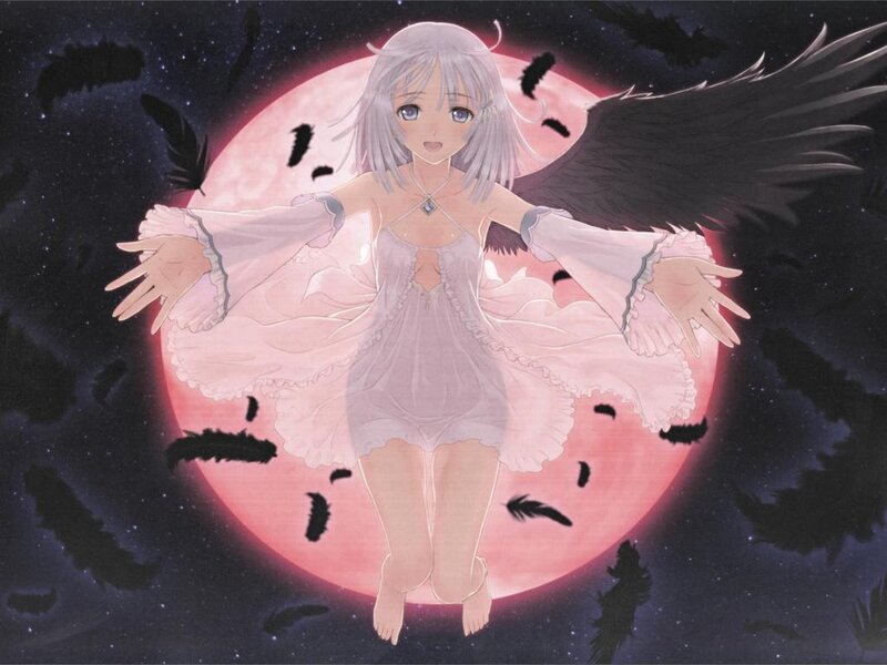Anime Girl with Wings — Pink, Dramatic, Night, Moon, Feathers