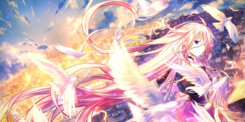 Anime Girl with Wings — Pink, Dramatic, Sunset, Digital Art