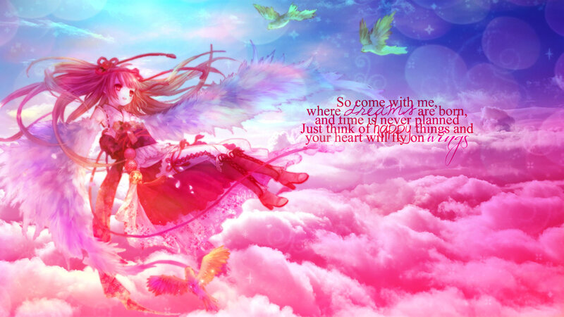 Anime Girl with Wings — Pink, Dreamy, Digital Art, Clouds