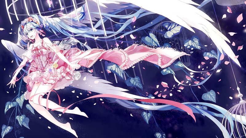 Anime Girl with Wings — Pink, Dreamy, Night, Digital Art, Petals