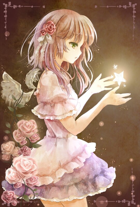 Anime Girl with Wings — Pink, Serene, Digital Art, Roses
