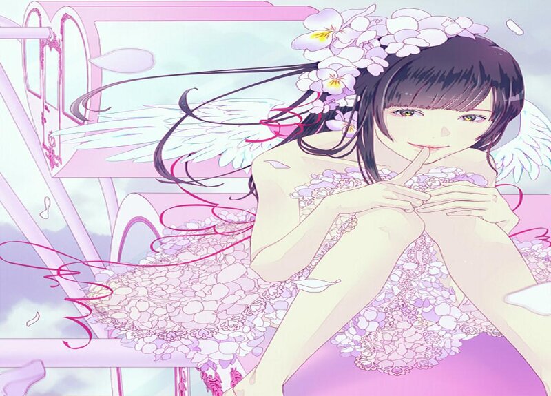 Anime Girl with Wings — Pink, Serene, Flowers
