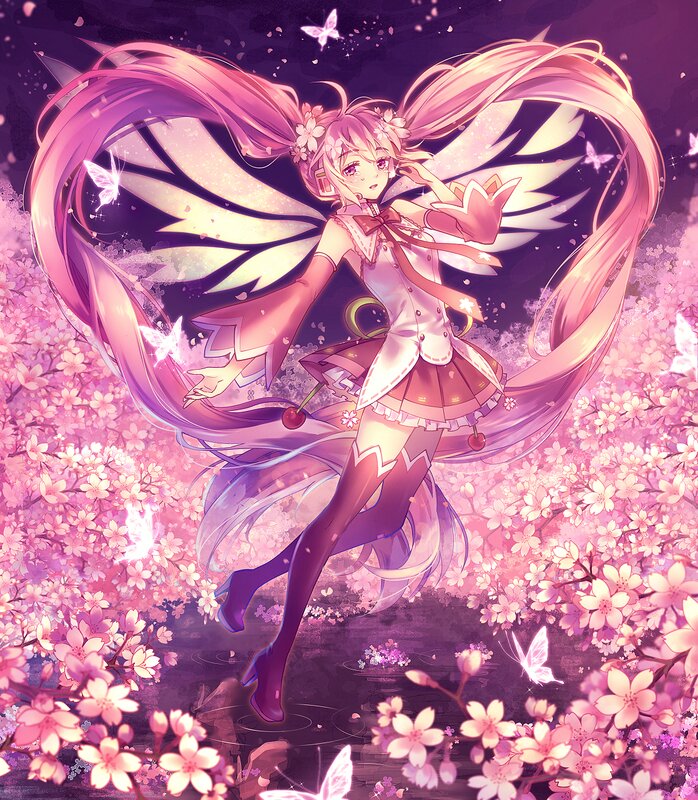 Anime Girl with Wings — Pink, Serene, Spring, Digital Art, Cherry Blossoms, Butterflies