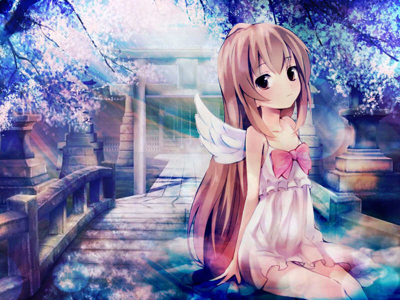 Anime Girl with Wings — Pink, Serene, Spring, Digital Art, Cherry Blossoms