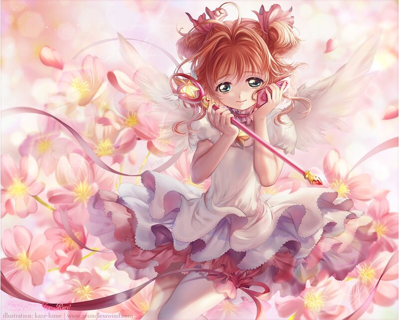 Anime Girl with Wings — Pink, Serene, Spring, Digital Art, Magic Wand