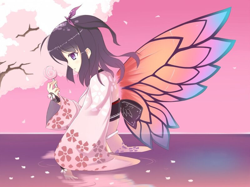Anime Girl with Wings — Pink, Serene, Spring, Digital Art