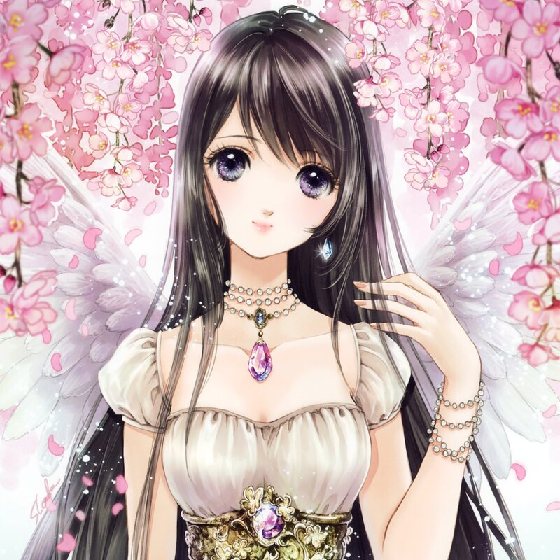 Anime Girl with Wings — Pink, Serene, Spring, Manga, Cherry Blossoms