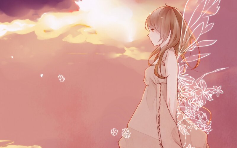 Anime Girl with Wings — Pink, Serene, Sunset, Digital Art