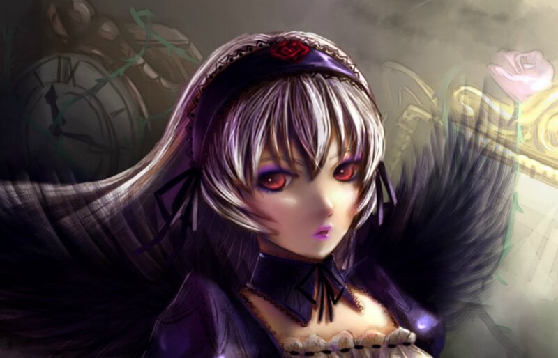 Anime Girl with Wings — Purple, Dramatic, Digital Art, Clock