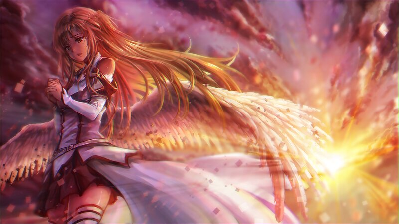 Anime Girl with Wings — Purple, Dramatic, Digital Art, Explosion, Long Hair