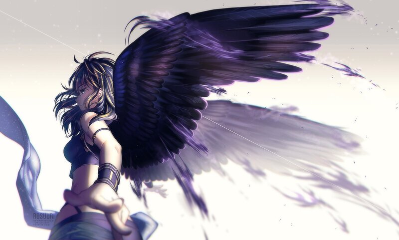 Anime Girl with Wings — Purple, Dramatic, Digital Art, Hair
