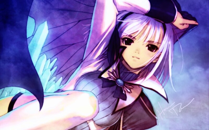 Anime Girl with Wings — Purple, Dramatic, Digital Art, Hat