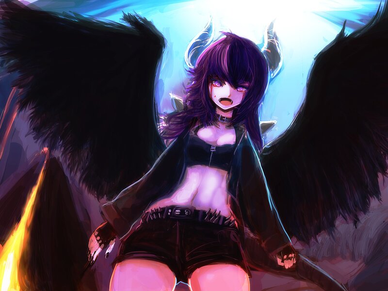 Anime Girl with Wings — Purple, Dramatic, Digital Art, Horns, Flames