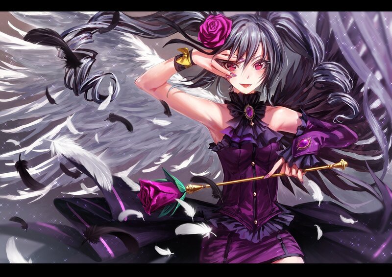 Anime Girl with Wings — Purple, Dramatic, Digital Art, Rose, Feathers
