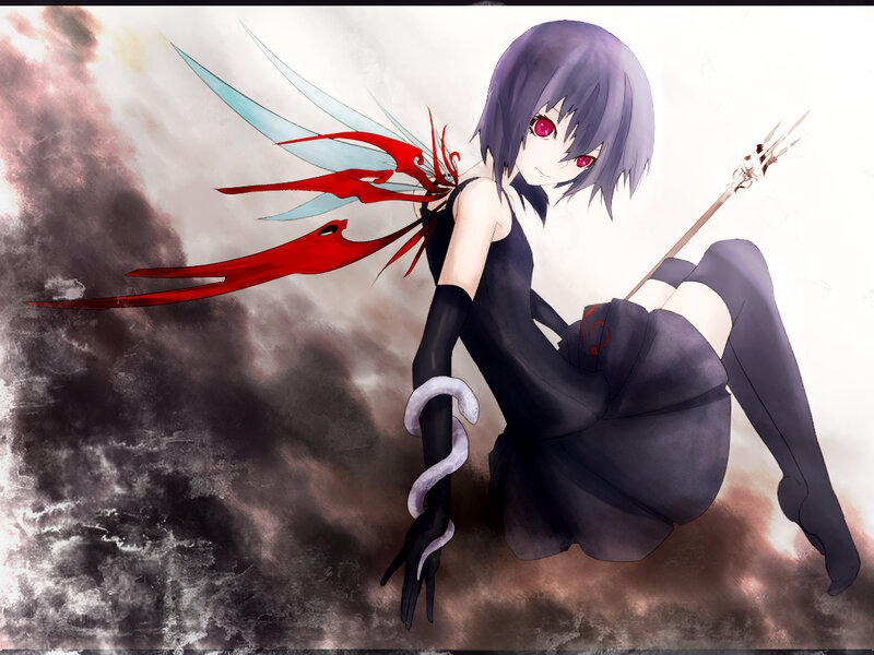 Anime Girl with Wings — Purple, Dramatic, Digital Art, Spear, Gloves