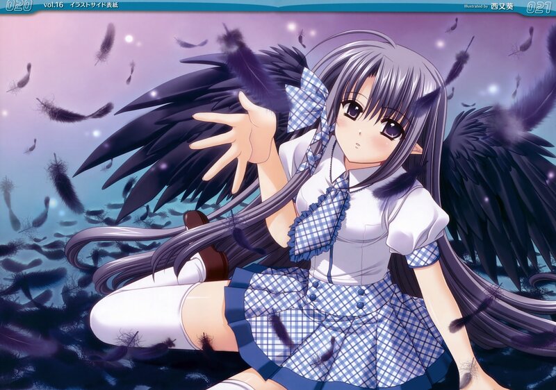 Anime Girl with Wings — Purple, Dramatic, Feathers, School Uniform