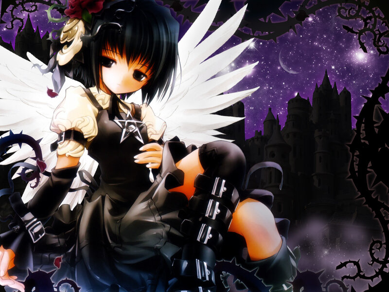 Anime Girl with Wings — Purple, Dramatic, Night, Castle