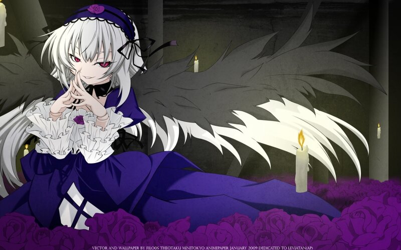Anime Girl with Wings — Purple, Dramatic, Night, Digital Art, Candles