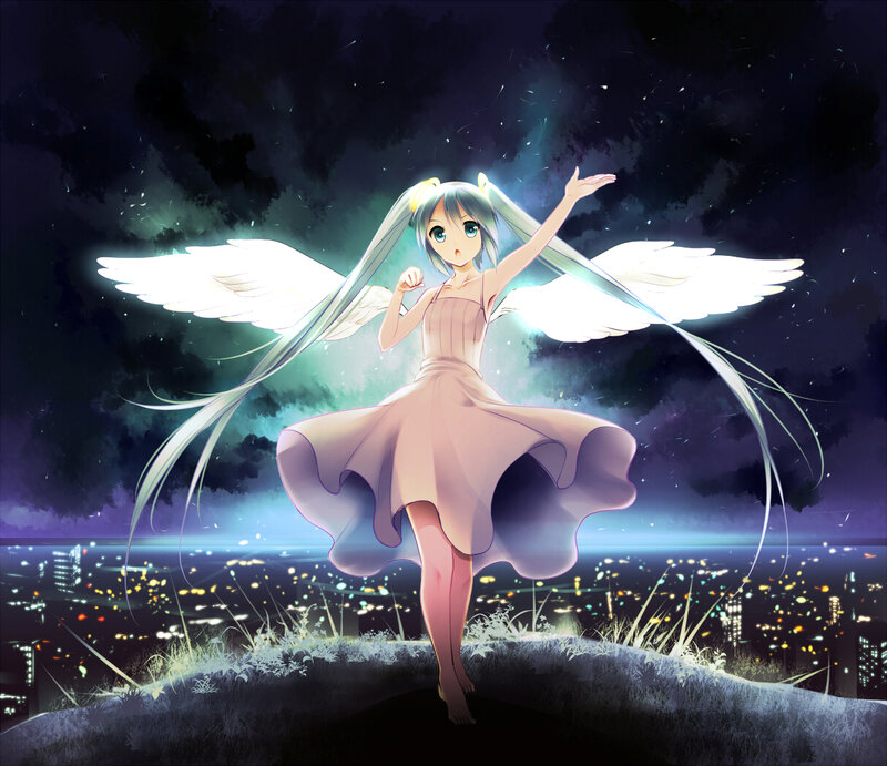 Anime Girl with Wings — Purple, Dramatic, Night, Digital Art, Cityscape
