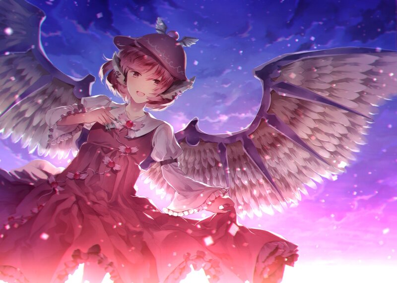 Anime Girl with Wings — Purple, Dramatic, Night, Digital Art, Dress, Hat