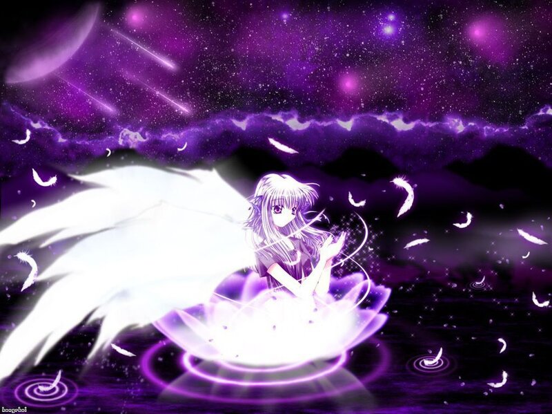 Anime Girl with Wings — Purple, Dramatic, Night, Digital Art, Feathers, Lotus Flower