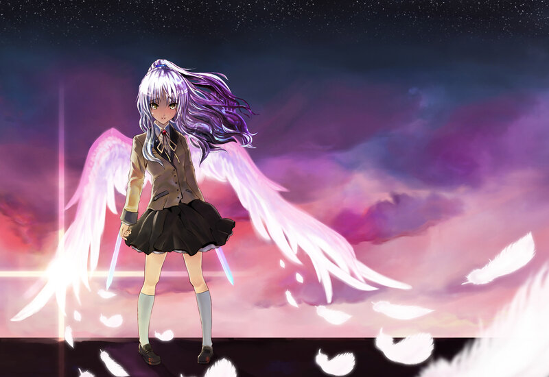 Anime Girl with Wings — Purple, Dramatic, Night, Digital Art, Feathers, Swords