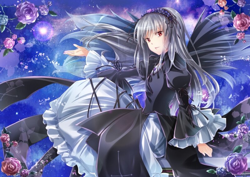Anime Girl with Wings — Purple, Dramatic, Night, Digital Art, Flowers