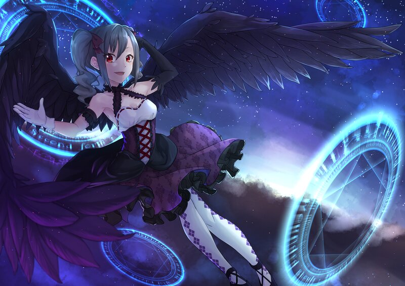 Anime Girl with Wings — Purple, Dramatic, Night, Digital Art, Magic Circle
