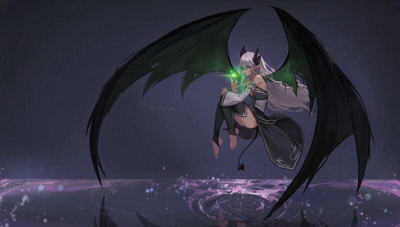 Anime Girl with Wings — Purple, Dramatic, Night, Digital Art, Magic, Water