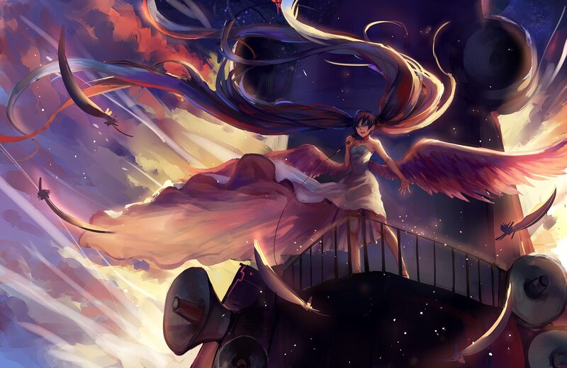 Anime Girl with Wings — Purple, Dramatic, Night, Digital Art, Megaphones