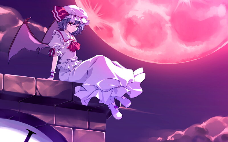 Anime Girl with Wings — Purple, Dramatic, Night, Digital Art, Moon, Castle, Clouds