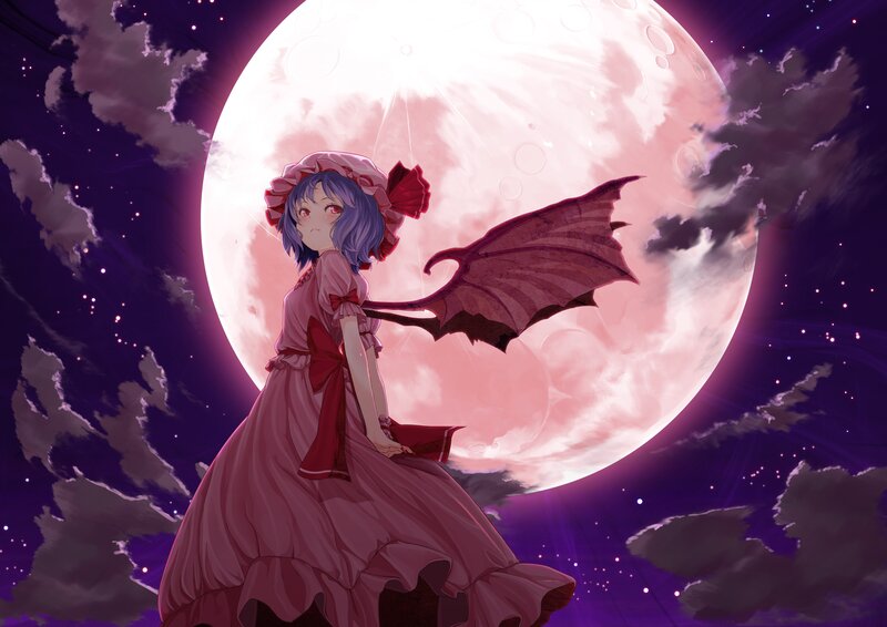 Anime Girl with Wings — Purple, Dramatic, Night, Digital Art, Moon, Clouds, Pink