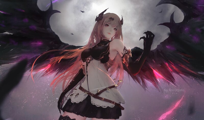 Anime Girl with Wings — Purple, Dramatic, Night, Digital Art, Moon, Crows