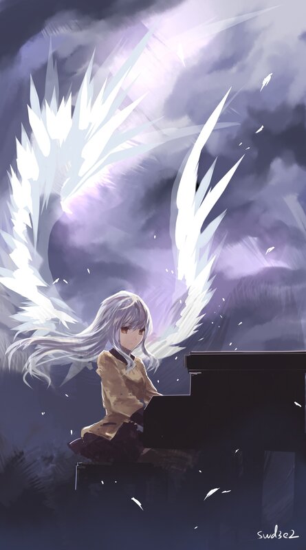 Anime Girl with Wings — Purple, Dramatic, Night, Digital Art, Piano, Clouds