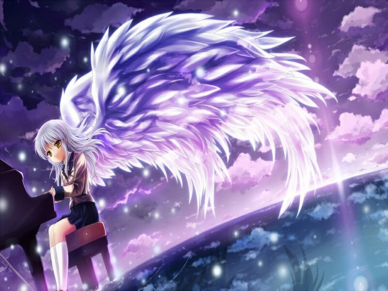 Anime Girl with Wings — Purple, Dramatic, Night, Digital Art, Piano